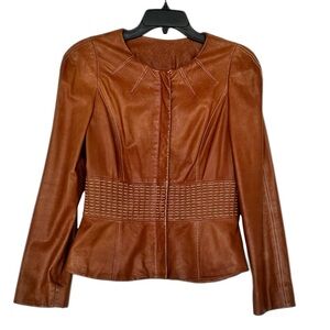 Diane Von Furstenberg Soft Leather Sz 8 Zip Jacket Coat Carmel Brown Top Stitch